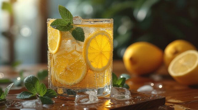 glass of lemonade with icecubes well decorated product photo