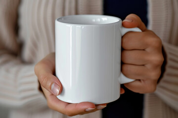 Fototapeta na wymiar A woman's hand holds a white mug.