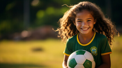 Obraz premium Smiling girl holding soccer ball. Girl plays football. Football field and portrait with soccer ball. Teen Youth Soccer. Cheerful Soccer player. Soccer children, energy football&nbsp;workout