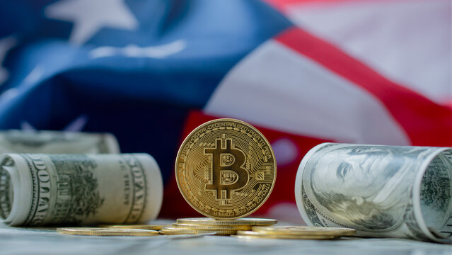 Cryptocurrency, Gold bitcoin, BTC and dollar bills with flag of United States of America USA.blockchain business, Internet Finance concept.