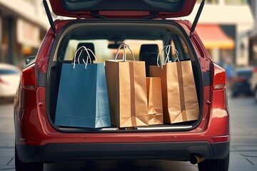 Retail Therapy on the Go: Loaded Shopping Bags in Car Trunk at Mall Parking Lot