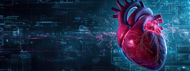 Rendering 3D heart cardiology with medical infographic biometrics diagnosis. AI generated