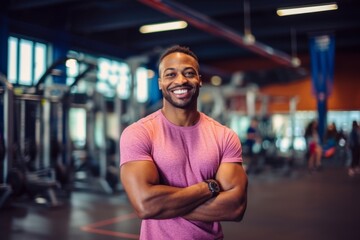 Fitness, gym and happy african american man personal trainer ready for workout coaching