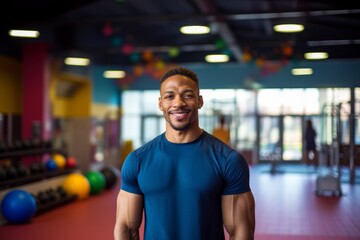 Fitness, gym and happy african american man personal trainer ready for workout coaching