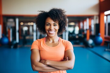 Fitness, gym and happy african american woman personal trainer ready for workout coaching