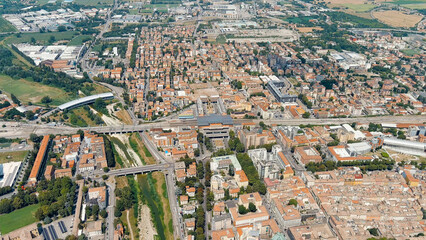 Parma, Italy. The historical center of Parma. Railway station - Parma. Panorama of the city from the air. Summer day, Aerial View