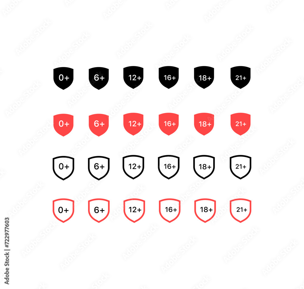 Poster shield with minimum age icons. minimum age collection. silhouette and flat style. vector icons
