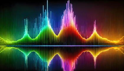 Illustrate the beauty of radio frequency waves as they propagate through the air, emphasizing their waveforms and the spectrum of colors they may represent.