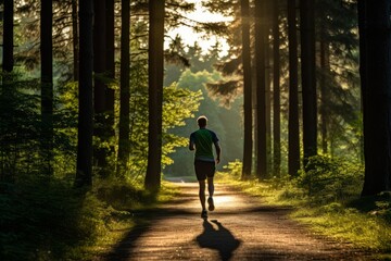 A man runs along a path in the forest early in the morning