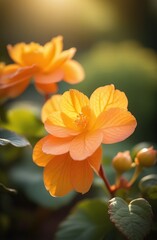 Fototapeta premium Realistic watercolor illustration of begonia flowers. Colorful, tender plant with big petals and buds in pink and orange, isolated on white