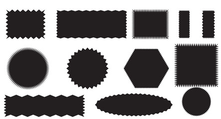 Zig zag edge rectangle shape collection. Jagged rectangular elements set. Black graphic design elements for decoration, banner, poster, template, sticker, badge. Vector