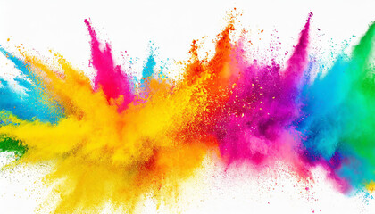 Colorful rainbow holi paint color powder explosion isolated on white wide panorama background