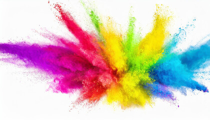 Colorful rainbow holi paint color powder explosion isolated on white wide panorama background