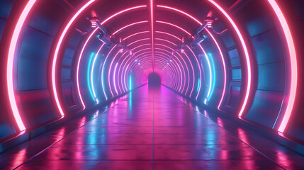 Abstract neon lights into digital technology tunnel. Futuristic technology abstract background with lines for network, big data, data center, server, internet, speed. 3D render