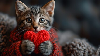Naklejka premium A gray and black fluffy cat holds a red knitted heart in its paws, creating a charming Valentine's Day postcard scene