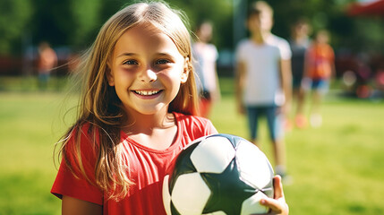 Naklejka premium Teenager girl plays football. Football field and portrait with soccer ball. Teen Youth Soccer. Smiling girl holding soccer ball