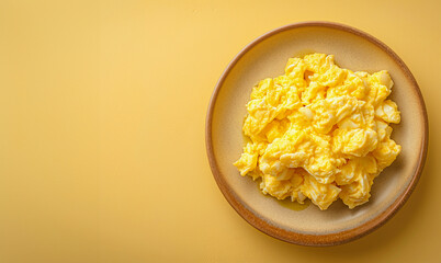 tasty scrambled egg on a plate on a clear background with copy space for text, top view