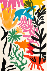 Ilustração colorida abstrata que remete a dinossauros e plantas - Fundo de tela
