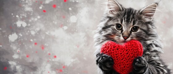 A gray and black fluffy cat holds a red knitted heart in its paws, creating a charming Valentine's Day postcard scene