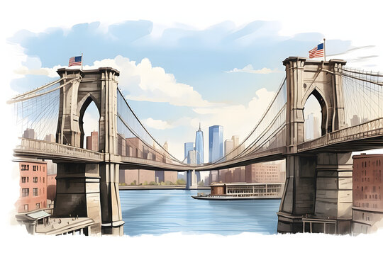 Close-up front view of aesthetic Brooklyn Bridge illustration