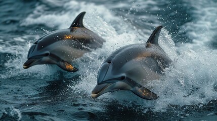 Obraz premium Graceful Dolphins Jumping: Energetic shot capturing dolphins leaping gracefully out of the water, evoking a sense of freedom.