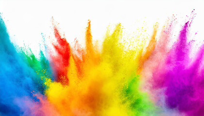 Multicolor powder explosion on White background. Colored cloud. Colorful dust explode. Paint Holi, colorful rainbow holi paint color powder explosion isolated white background