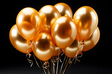 Set gold colored balloons on black background. Party celebration New Year birthday, holiday, wedding ,concept Realistic clipart template pattern.	
