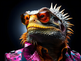 Chameleon, lizard wearing a shirt and glasses Old multi-colored on black background. Fashion of imaginary animals. Beautiful extreme close-up. Realistic animal clipart template pattern.
