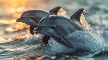 Obraz premium Graceful Dolphins Jumping: Energetic shot capturing dolphins leaping gracefully out of the water, evoking a sense of freedom.