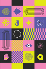 Cover with Trendy stickers Y2k. Checker board print Retro elements. Flat design. Bright colors and funky typography. Contrasting, zine aesthetic. Vectored shapes, retro vibes. Hand, eye and smile.