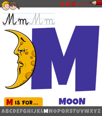 letter M from alphabet with cartoon moon character
