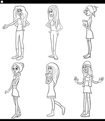 cartoon young woman funny characters set coloring page