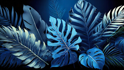 collection of tropical leaves foliage plant in blue color with space background