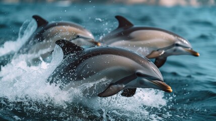 Fototapeta premium Graceful Dolphins Jumping: Energetic shot capturing dolphins leaping gracefully out of the water, evoking a sense of freedom.