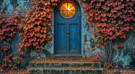 Blue Door with Autumn Leaves