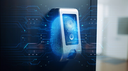 wall-mounted fingerprint or biometric authentication machine in the office, cyber security biometric verification concept, modern technology