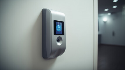 wall-mounted fingerprint or biometric authentication machine in the office, cyber security biometric verification concept, modern technology