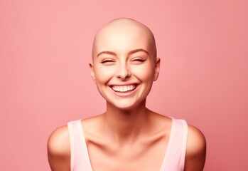 A smiling young woman with a shaved head, bald woman with cancer, on pink background.