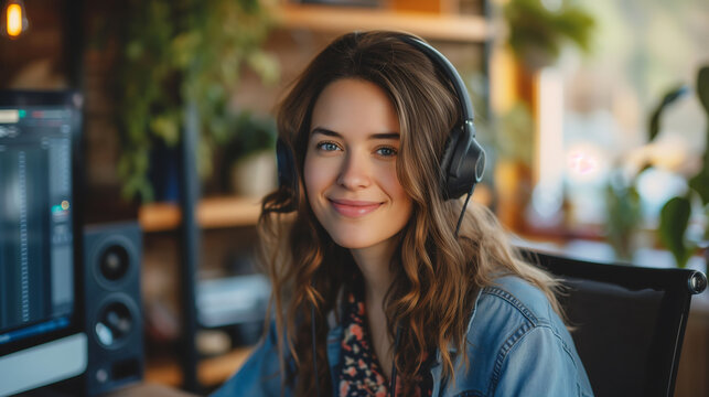 Smiling businesswoman recording on a laptop in a boardcasting room