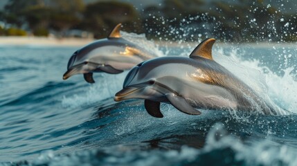 Fototapeta premium Graceful Dolphins Jumping: Energetic shot capturing dolphins leaping gracefully out of the water, evoking a sense of freedom.