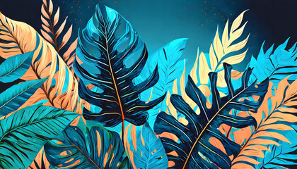 Collection of tropical leaves, foliage plant in blue color with space background