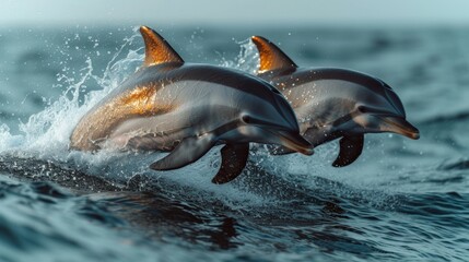 Obraz premium Graceful Dolphins Jumping: Energetic shot capturing dolphins leaping gracefully out of the water, evoking a sense of freedom.