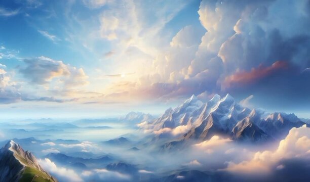 A view of the sea of clouds seen from the mountain. Cartoon and anime vector painting illustration hand drawn style. Looping video 4k with animation background.