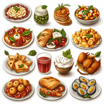 Fresh and Healthy Food Collage with a Variety of Plates, Including Salad, Pizza, Fish, and Pasta, Ideal for Breakfast, Lunch, or Dinner in a Restaurant Setting