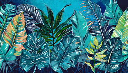 Collection of tropical leaves, foliage plant in blue color with space background