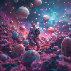 Obraz na płótnie Canvas Interstellar Easter: Rabbit Explorer Amongst Space Eggs