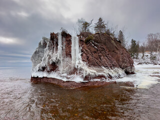 ice on island in Northern Minnesota on Lake Superior
