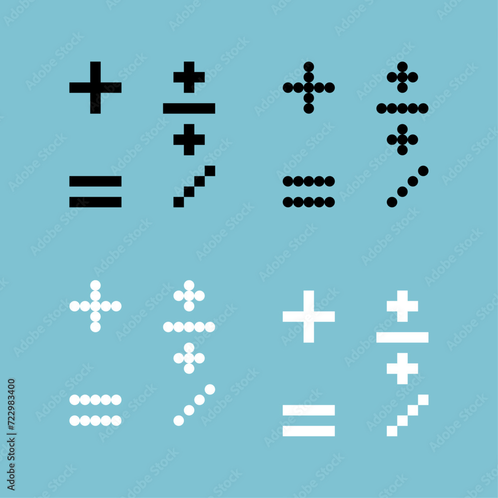 Poster pixel art outline sets icon of math variation color. mathematic icon on pixelated style. 8bits perfe