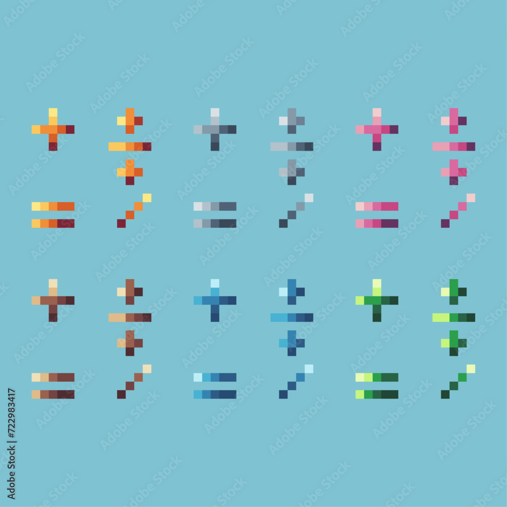 Poster pixel art sets icon of math variation color. mathematic icon on pixelated style. 8bits perfect for g