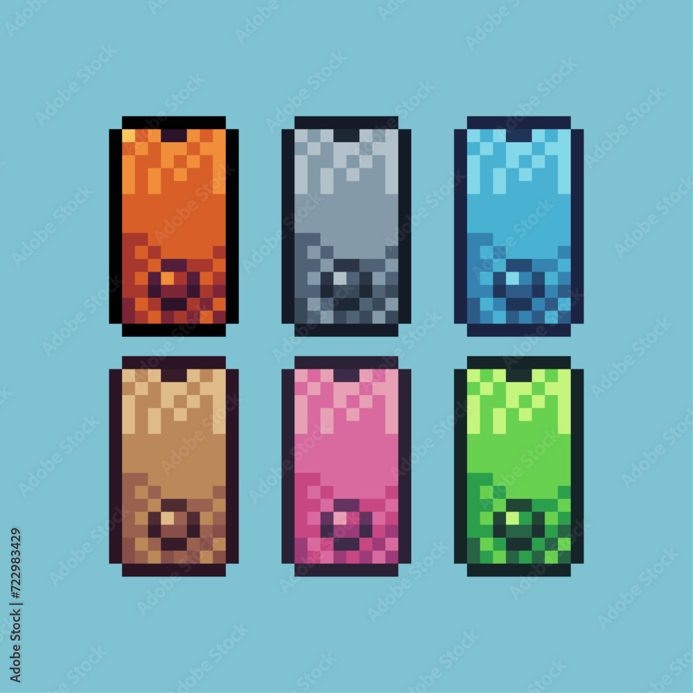 Poster pixel art sets icon of phone variation color. handphone icon on pixelated style. 8bits perfect for g